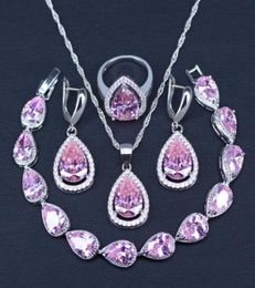 Earrings Necklace Promotion Pink Cubic Zircon Water Drop Silver Color Jewelry Set Ring Bracelet9676502
