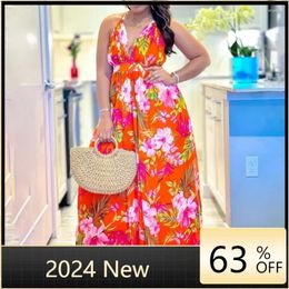 Ethnic Clothing 2024 African Dresses For Women Sexy Long Lace Maxi Dress Summer Slim Backless Elegant Fashion Print Swing Africa