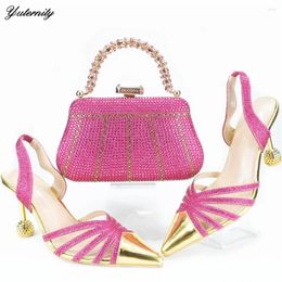 Dress Shoes High Quality Elegant Fuchsia Color And Bag Set For Party Italian Rhinestone Woman Pumps Purse