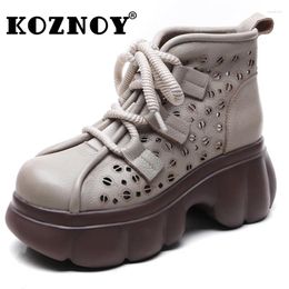 Boots Koznoy 7cm Authentic Genuine Leather Summer Platform Wedge Ankle ZIP Breathable Luxury Ladies Hollow In Women Shoes