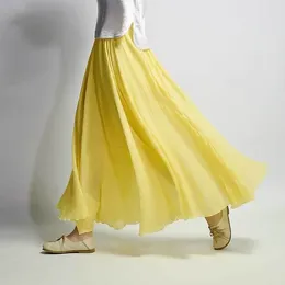 Skirts Women Cotton Linen Skirt Yellow Long High Waist Oversize Elastic A Line Girls Pleated Solid Colour Ethnic Sweet Vintage