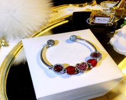 Red Love Charm Open Bracelet for P 925 Sterling Silver Set CZ Diamond DIY Beaded Bracelet with Box6603649