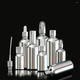 Storage Bottles 10ml 30ml 50ml 100ml Silver Glass Dropper Bottle Essential Oil Vial Glue Head Press Drop Spray Lotion Cosmetic Packing