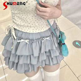 Skirts Summer Women's Outfits Sweet Dopamine Girl Floral Love Short Sleeve T-shirt Top And Cute Blue Bow Cake 2 Pieces Set