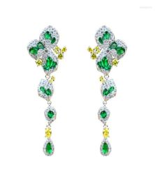 Stud Earrings Brand Long Threeleaf Flower Green Petal Design Full Zircon Jewellery For Ladies Memorial Day Banquet Accessories6989360