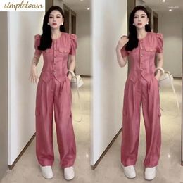 Women's Two Piece Pants Temperament Small Fragrant Style Set For 2024 Summer Single Breasted Split Shirt High Waist Wide Leg