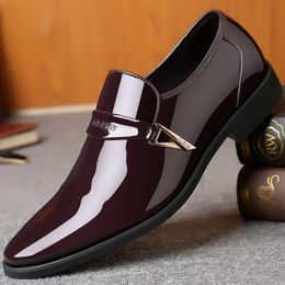 Men Mens Paten Slip Oxford on Bright Leather Business Casual Footwear Pointed Toe Shoes for Man