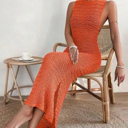 Handmade High Quality Slip Bottom Maxi O Neck Hollow Out Two Colours Sheer Beach Cover Up Knitted Crochet Dress
