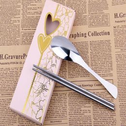 Whole 100setslot fish tail stainless steel spoon and chopstick set with pink box for Wedding Party Door Gifts8728333