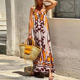 Casual Dresses Summer Slip Dress Low-cut Backless Sleeveless Color Matching Print Loose Vacation Beach Maxi Sundress