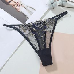 Women's Panties Mesh Perspective Women Sexy Low Waist Thongs Porn Flower Embroidery Transparency Lingeries Sleepwear Underwear