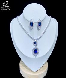 Earrings Necklace ASNORA Shiny Cubic Zircon Wedding Jewelry Set Royal Blue Evening Dress Accessories X08256176652