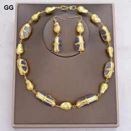 Necklace Earrings Set GG Natural Blue Kyanite Electroplated Edge Gold Plated Brushed Bead Wrap Sets For Women