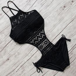 Women's Swimwear Sexy One Piece Swimsuit Backless Halter Beach Crochet Bikini Bathing Suit 2024 Black Swimming For Women