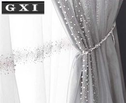 GXI White Pearl Embroidered Tulle Curtain For Living Room Grey Luxury Voile Beads Lace Balcony Window Tenda Drapes Decor 2107122912658