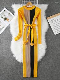 Casual Dresses YuooMuoo Women Dress Autumn Winter Stripes Outfits Bodycon Vestidos Sexy Ribbed Knitted Long Sleeve Sweater With Belt