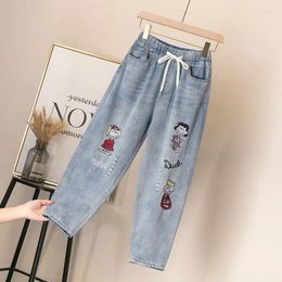 Women's Jeans Ripped Elastic Pants Size Ankle Embroidery Plus Length Denim Trousers Mom Waist Female For High Baggy Vintage Women