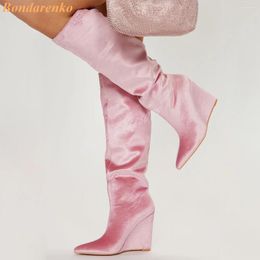 Boots Suede Wedges Pink Pointy Toe Solid Slip On Knee High Women Thin Shoes Winter Party Luxury Big Size