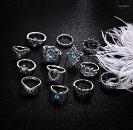 Cluster Rings Inlaid Carved Blue Gem Set Joint Ring 13 Pcs/Set