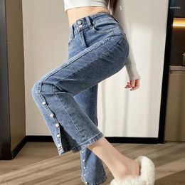 Women's Jeans Spring Women High Waist Pearl Decoration With Slits Flare Pants Summer Fashion Crop Black Korean Clothing