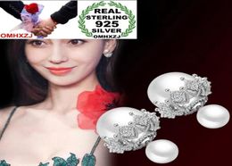 OMHXZJ Whole Sweet Fashion joker Woman bride Gift High Quality Lace Double Pearl 925 Sterling Silver Stud Earrings YS3073139923