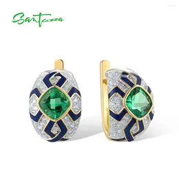 Backs Earrings SANTUZZA Authentic 925 Sterling Silver For Woman Sparkling Green Spinel Enamel Grand Solitaire Party Gifts Fine Jewellery