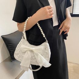 Evening Bags Pearl Female Bag Retro Luxury Designer Handbag Bow Crossbody Fashion Canvas Women's 2024 Trend Shoulder Purses