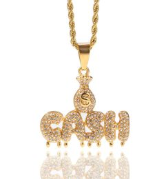 Dollar Purse CASH Letters Pendant Necklace Gold Plated Stainless Steel Inlaid Rhinestone Pendant Hip Hop Jewelry2472892