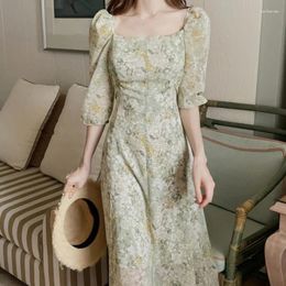 Party Dresses Square Collar Vintage Dress Summer Outfits For Women 2024 Puff Sleeve Slim Waist Female A-line Elegant Floral Vestidos