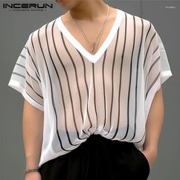 Men's Tank Tops 2024 T Shirt Striped Transparent V Neck Short Sleeve Loose Fashion Men Clothing Streetwear Casual Tee S-5XL INCERUN