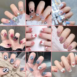 24Pcs French With Drill Short Fake Nails Press On Nail Tips Artificial Full Cover Cute Bow Wearing False Art 240423