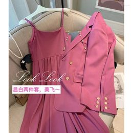 Work Dresses 2024 Spring Autumn Blazers Suspenders Women's Two-piece Set Loose Casual Suit Outerwear Sling Skirt Women