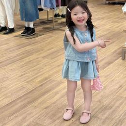 Clothing Sets 2024 Girls 2 Pcs Set Denim Shirt Skirts Summer Cotton Fashion Kids Suits 2-7 Years WW867