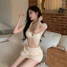 Women's Swimwear Womens Solid Colour Swimsuit Halter Bikinis Set Summer Lace Up Bathing Suit 3 Pieces With Short Sleeves Crop Top