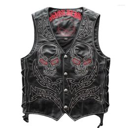 Men's Vests 2024 Trendy High Quality Genuine Leather Waistcoat Cowhide Skeleton Wornout Vintage Motorcycle Sleeveless Vest Spring