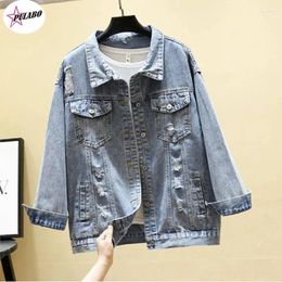 Women's Jackets PULABO BF Autumn Harajuku Printed Frayed Beading Denim Jacket Loose Casual Jeans Women Coats Outwear Female