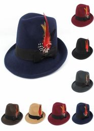 Fedora Jazz Hats Imitation Woollen Cloth Men Women Caps Gentleman Formal Warping Brim Bow Chicken Feather Trilby Hat9742024