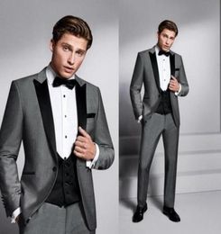 Grey And Black Mens Suits Slim Fit Tuxedo wedding piece coat pant designs black lapel Mens Formal Wedding Tuxedos JacketPantsVe6882707