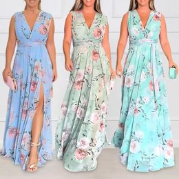 Casual Dresses Floral Print Dress Women Long V Neck Sleeveless Elegant Splice Floor Length Vestidos Loose Boho High Waist Summer