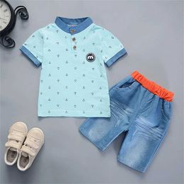 Clothing Sets 2PCS Baby Set Summer Fashion Full Print Anchor Pattern Standing Neck Short Sleeve Denim Shorts Set