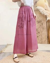 Ethnic Clothing 2024 Chinese Vintage Pants Linen Trousers National Flower Embroidery Double Layers Elastic Waist Wide Leg