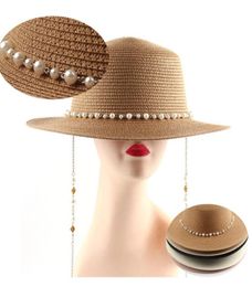 Stingy Brim Hats Straw Hat Female British Pearl Fashion Party Flat Top Chain Strap And Pin Fedoras For Woman A Streetstyle Shooti3788191