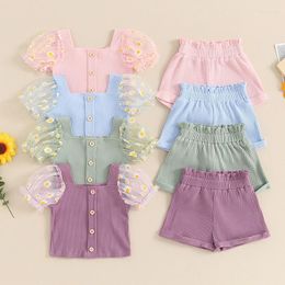 Clothing Sets FOCUSNORM 1-5Y Lovely Kids Girls Summer Clothes Ribbed Sunflowers Print Mesh Short Puff Sleeve T-Shirt And Elastic Shorts