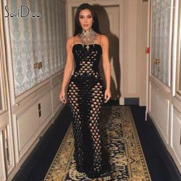 Casual Dresses Soefdioo Pleuche Hollow Out Maxi Dress Women Elegant Spaghetti Strap Body-Shaping Robe 2024 Summer Sexy Party Clubwear