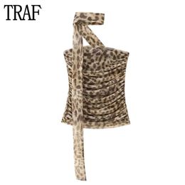 TRAF Leopard Print Tulle Tops for Women Ruched Crop Top Woman Sexy Backless Corset Top Women Summer Beach Halter Top Female 240420