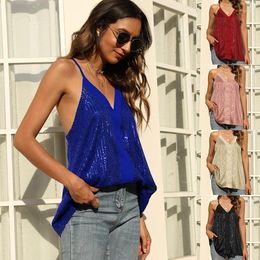 Women's Tanks Camisole Vest Deep V Neck Sequin Solid Color Sleeveless Tank Top Slim Fit Casual Sexy Night Club 2024 Summer