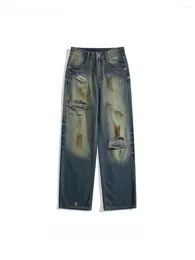 Men's Jeans American Distressed Ripped Trendy High Street Handsome Hip-hop Gradient Loose Straight Casual Versatile Denim Pants