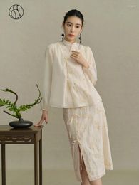 Work Dresses DUSHU Chinese Style Women Shirt Skirt Sets 2024 Autumn Button-Down Long-Sleeved Blouses Mid-Skirt Two-Piece Suit