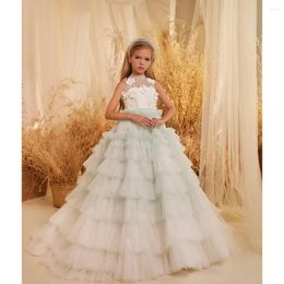 Girl Dresses Fashion Pearls Floral Layered Elegant Halter Tiered Pleat Floor-Length A-Line Gowns Pageant Wedding Party Dress