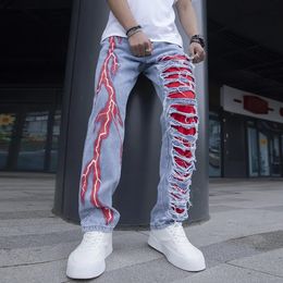 Men Cracked Stretchable Lightning Jeans Fashionable Streetwear Holes Ripped Patchwork Denim Pants Slim Skinny Trousers for Men 240428